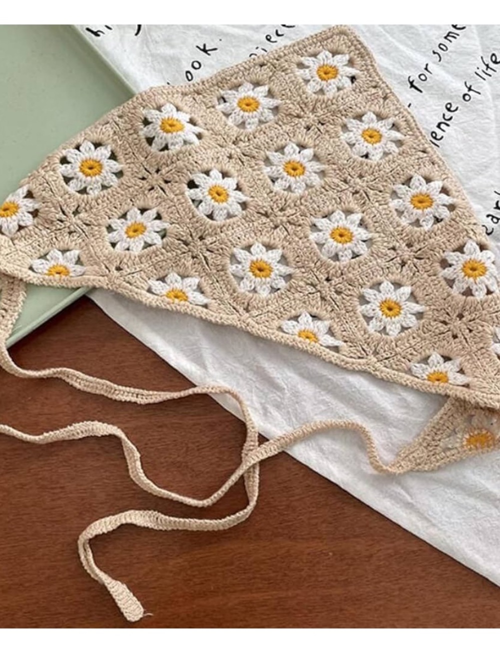 Hand-Crochet Bandana Head Scarf Tie Headwrap Floral Daisy Kerchief
